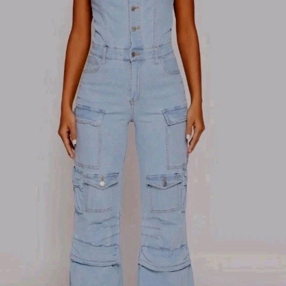 90s Y2K  Wide Leg Corset Denim Cargo Jumpsuit Coverall Streetwear Strapless S